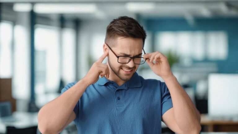 Man in blue shirt and glasses experiencing discomfort from sounds in an office setting