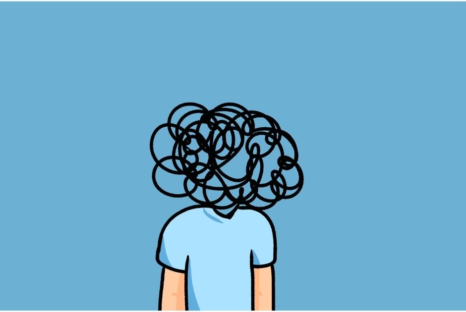 Person with a scribbled head drawing