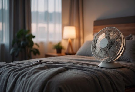 Fan on a bed in a dimly lit room