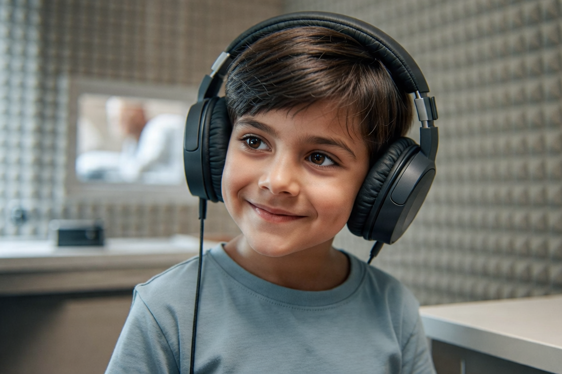 Young child having a hearing test in a soundproof booth